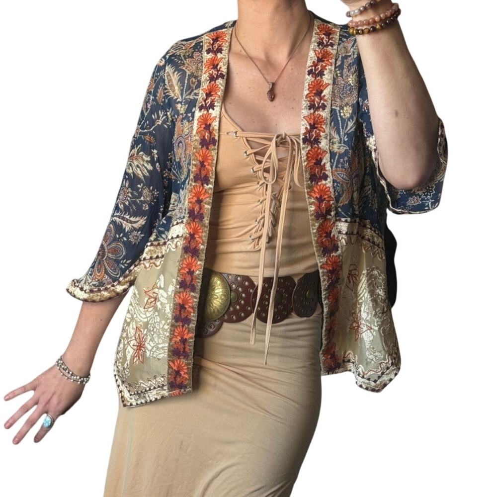 ✨ Embroidered Boho Kimono Jacket • Festival Paisley Velvet Trim Top